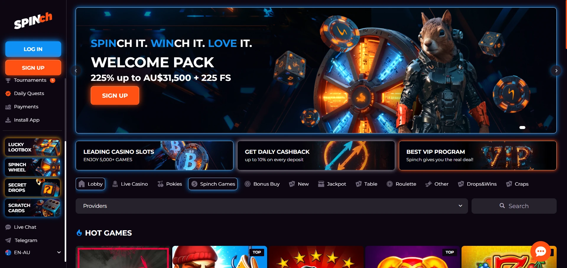 Spinch homepage screenshot with the main game lobby